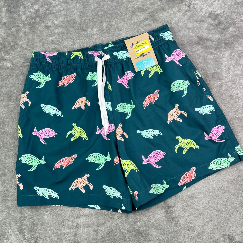 Chubbies The Turtally Awesomes Swim Trunks Mens Small Teal Turtle Print 5.5"